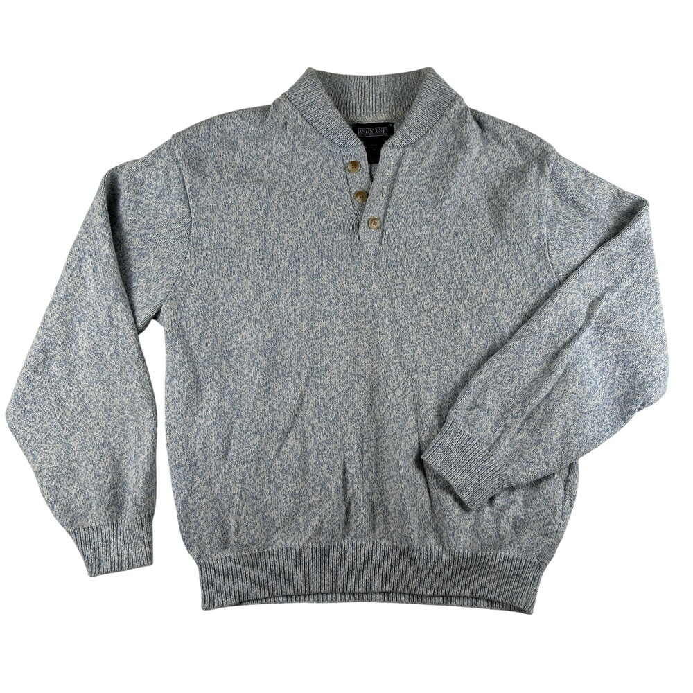 Vintage Lands' End Sweater Mens Medium Blue Knit Cotton Henley Mock Neck USA